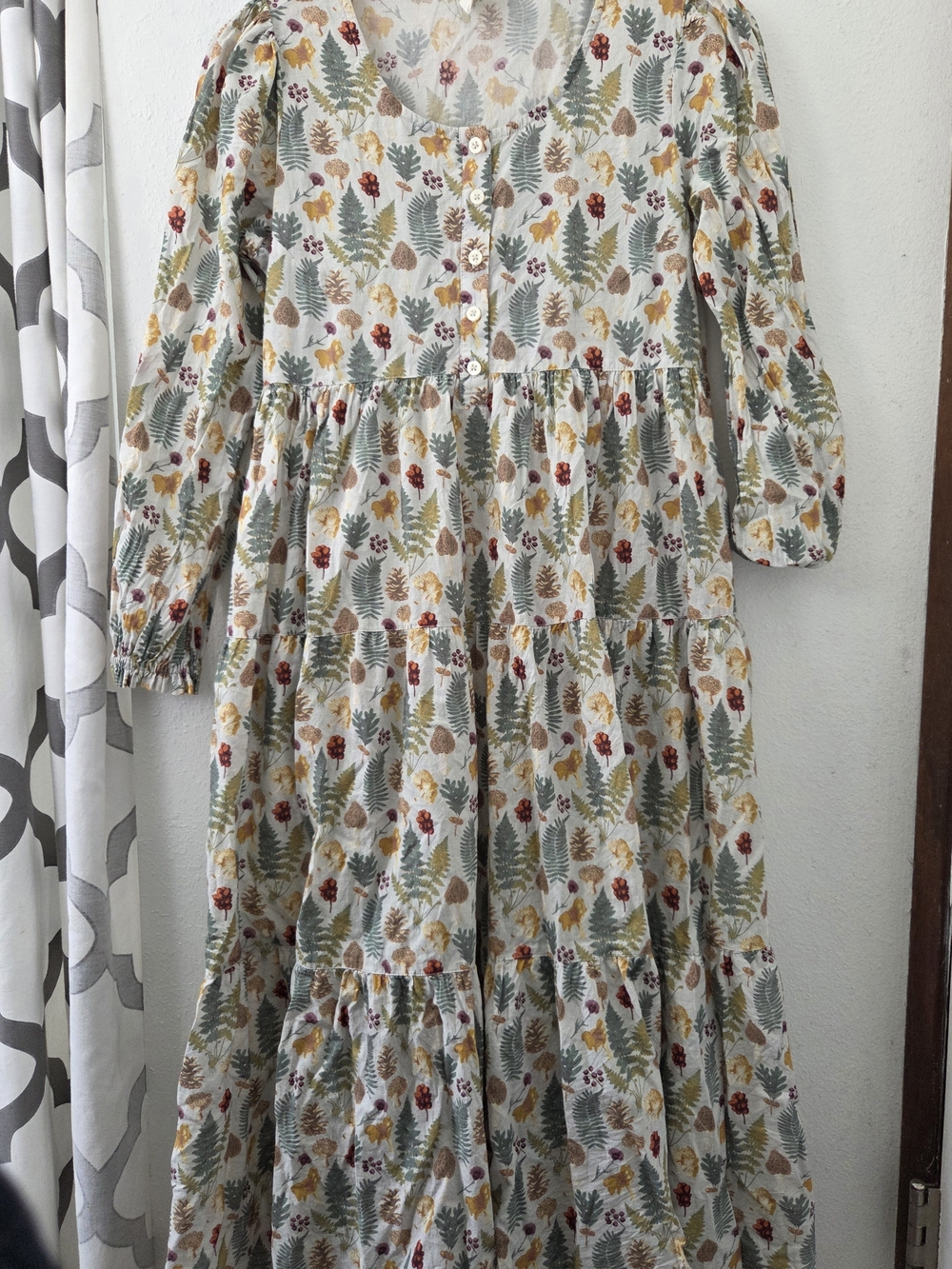 Kate Quinn Autumn Harvest Print 100% Cotton Women Midi Dress Long Sleeve Small